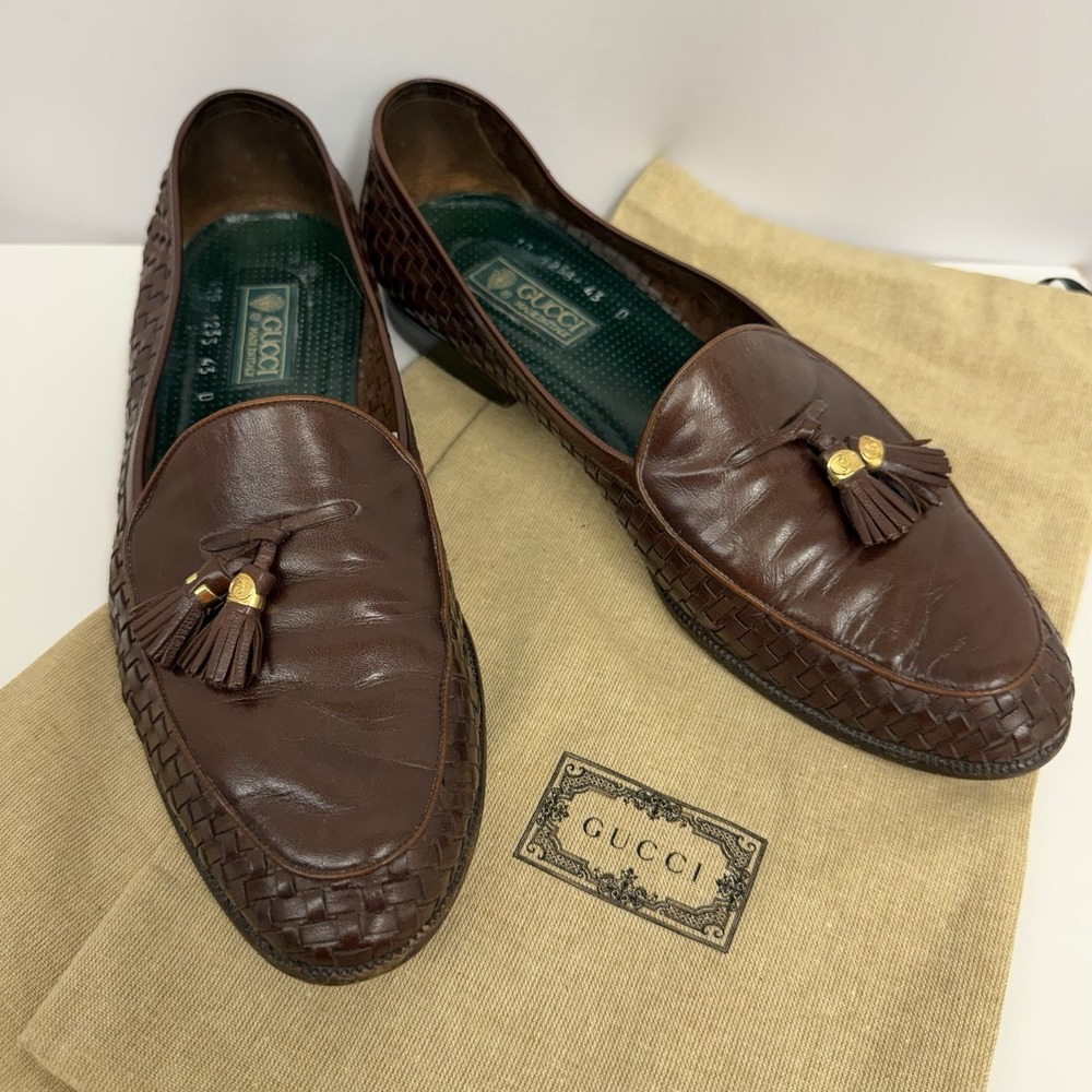Vintage Gucci Woven Leather Loafers Shoes Brown GG Logo Metal Tassels Size 43 D